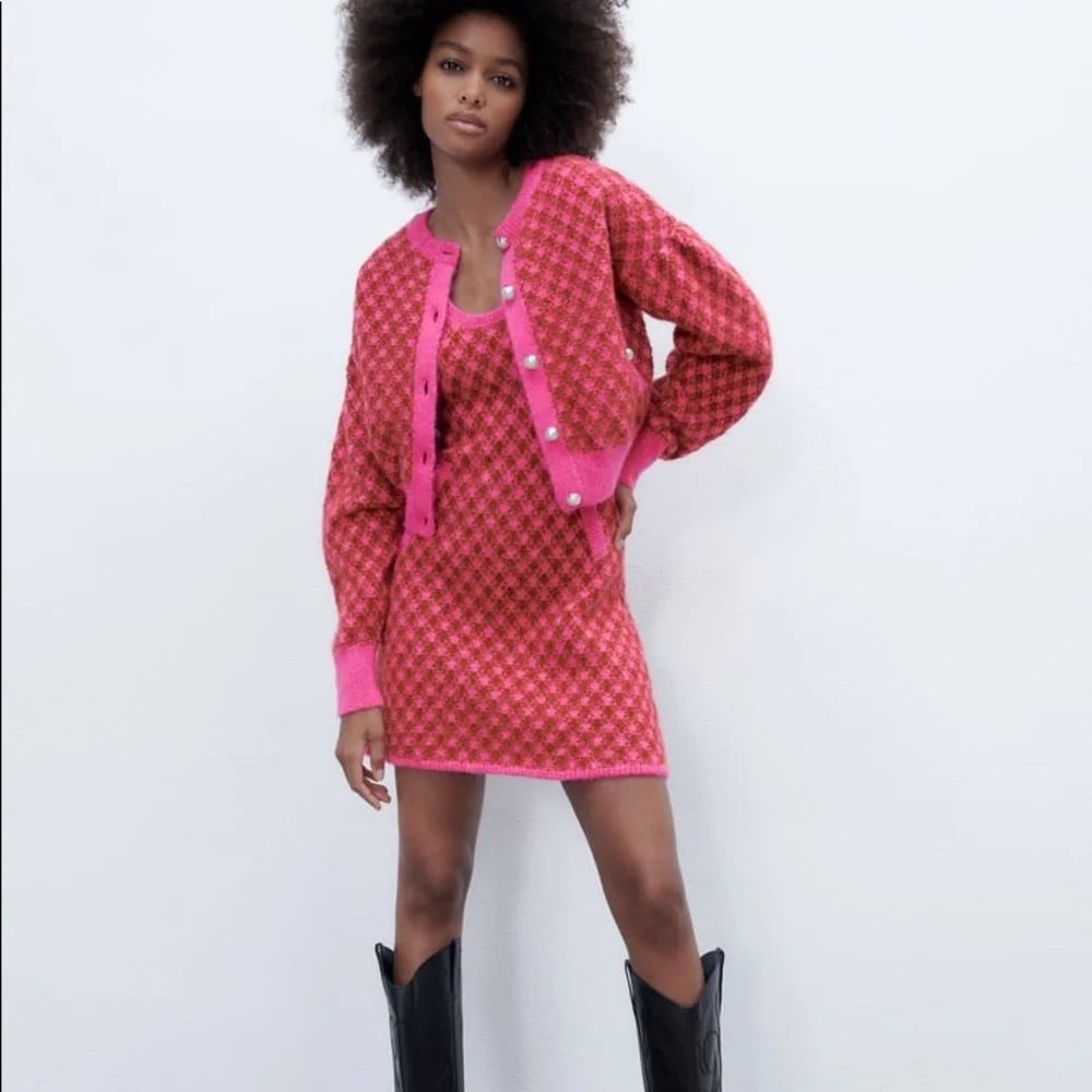 Zara PLAID KNIT Sleeveless Mini A-Line Dress w/ Round Neckline Size S Pink NEW - Picture 10 of 16